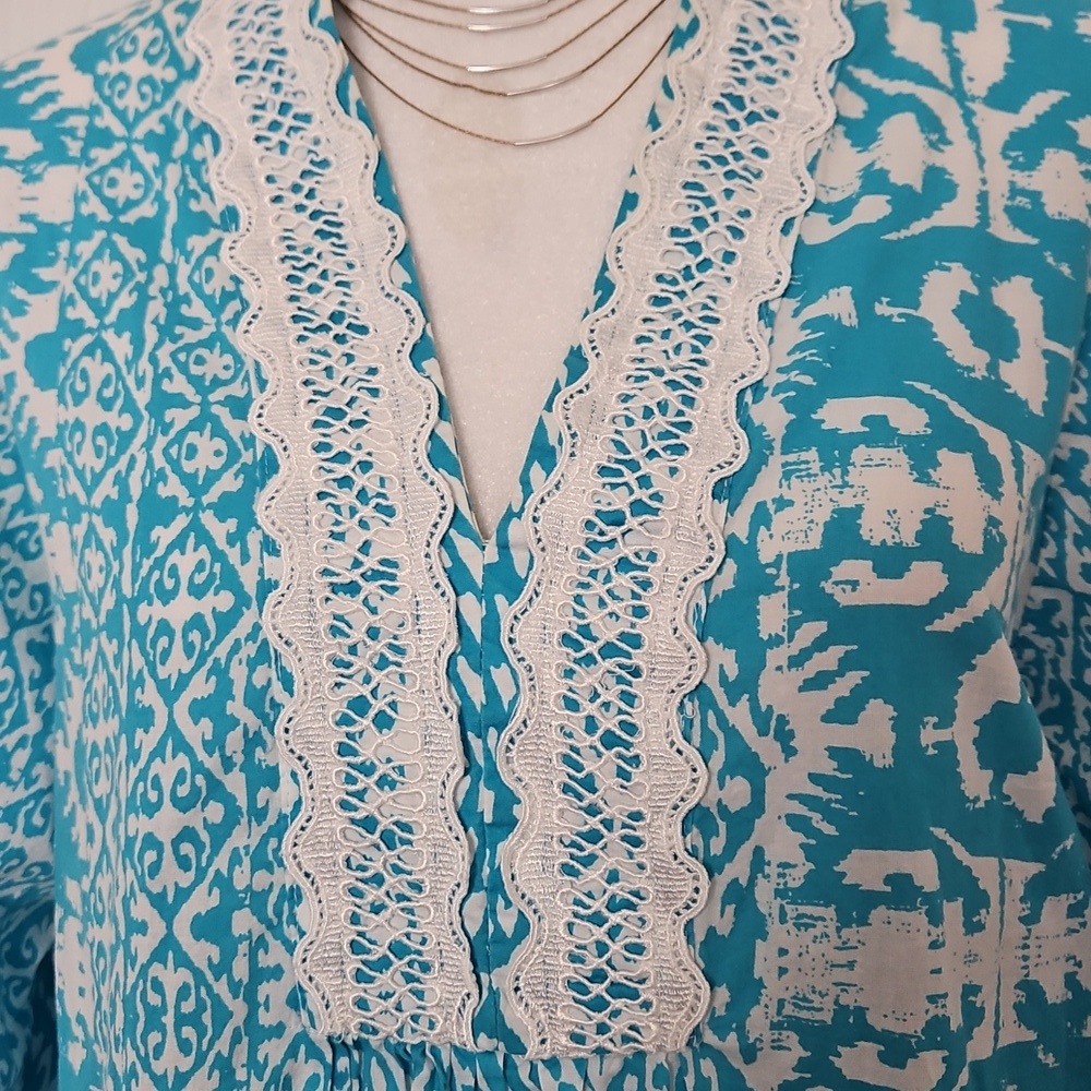 Oscar de la Renta Neiman Marcus Bohemian Retreat Ikat Tent Dress Lace V-Neck M - Picture 3 of 10